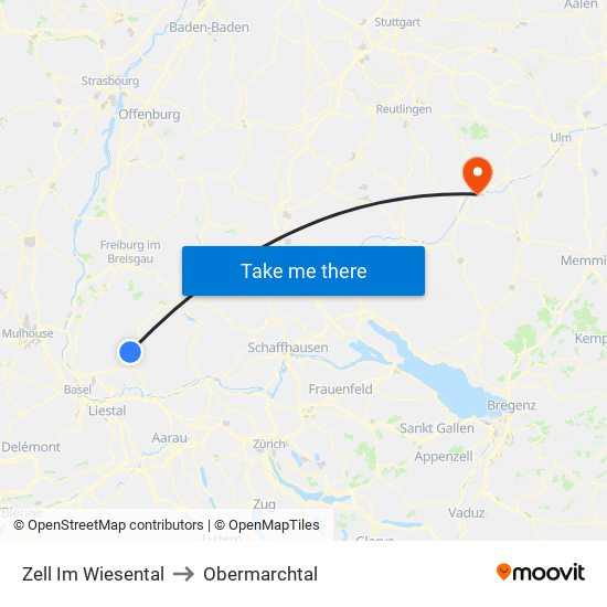 Zell Im Wiesental to Obermarchtal map
