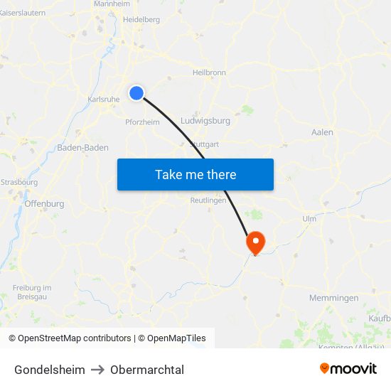 Gondelsheim to Obermarchtal map