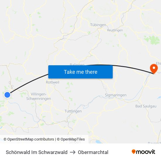 Schönwald Im Schwarzwald to Obermarchtal map