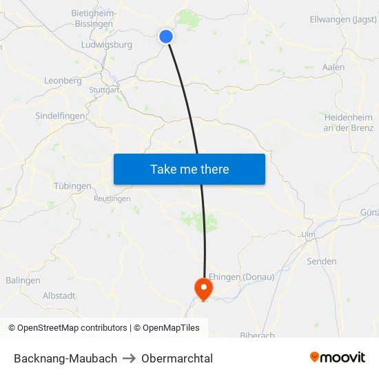 Backnang-Maubach to Obermarchtal map