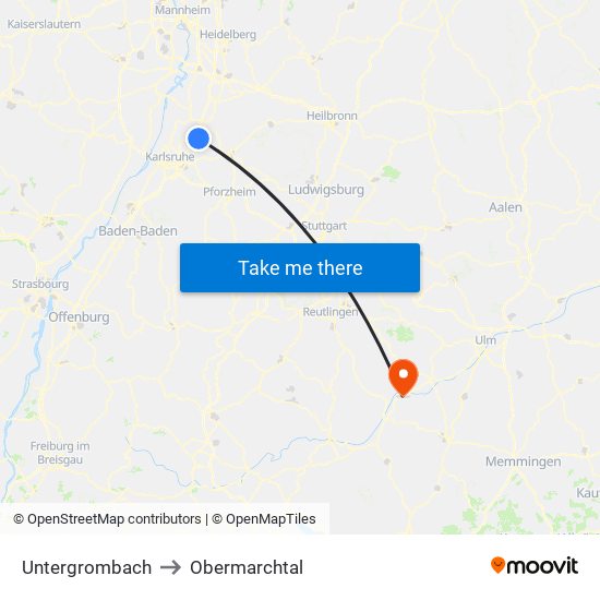 Untergrombach to Obermarchtal map