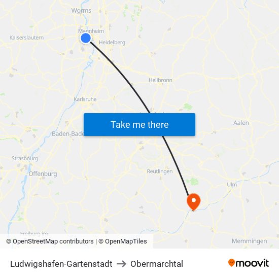 Ludwigshafen-Gartenstadt to Obermarchtal map