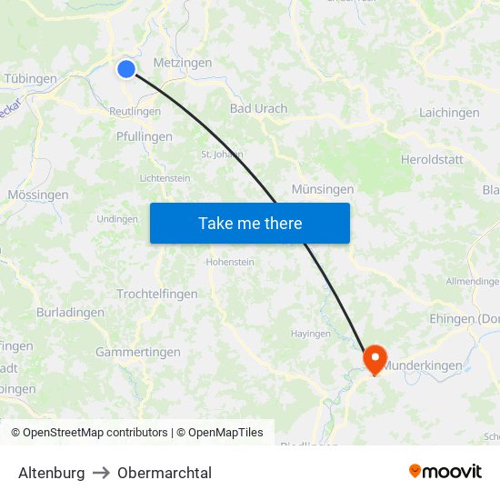 Altenburg to Obermarchtal map
