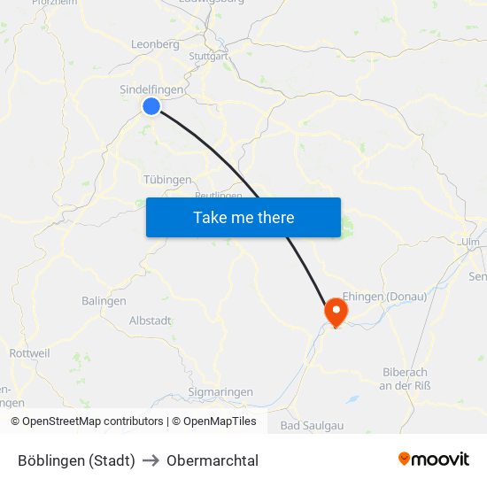 Böblingen (Stadt) to Obermarchtal map