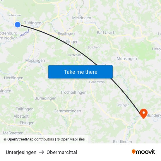 Unterjesingen to Obermarchtal map