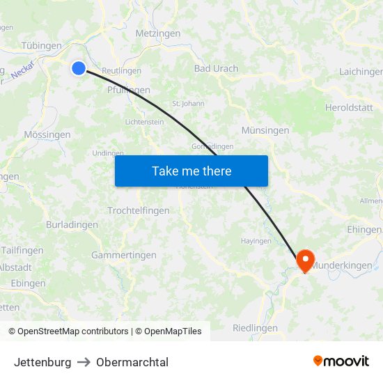 Jettenburg to Obermarchtal map