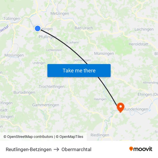 Reutlingen-Betzingen to Obermarchtal map