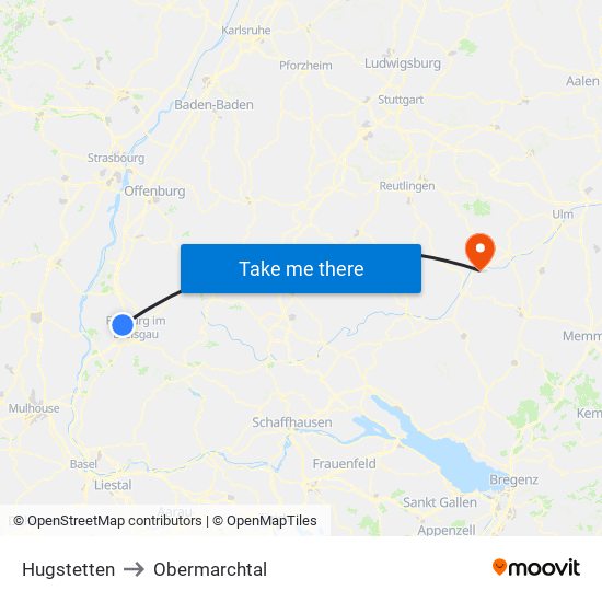 Hugstetten to Obermarchtal map