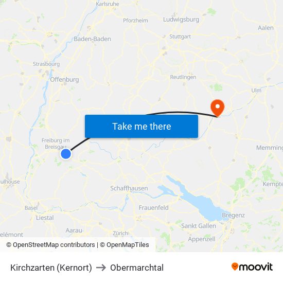 Kirchzarten (Kernort) to Obermarchtal map