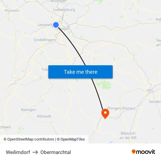 Weilimdorf to Obermarchtal map