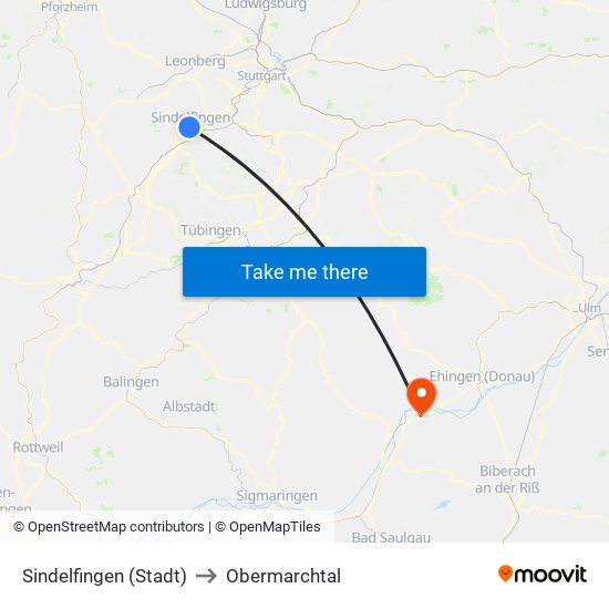 Sindelfingen (Stadt) to Obermarchtal map