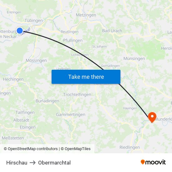 Hirschau to Obermarchtal map