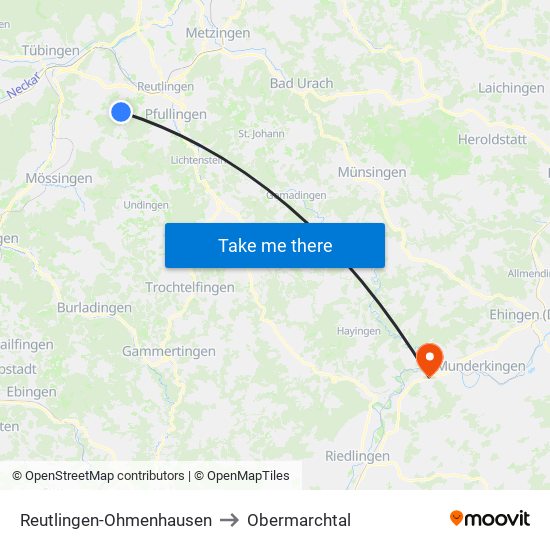 Reutlingen-Ohmenhausen to Obermarchtal map