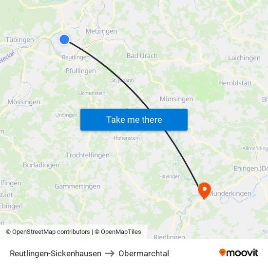 Reutlingen-Sickenhausen to Obermarchtal map