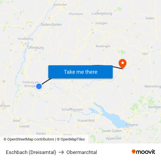 Eschbach (Dreisamtal) to Obermarchtal map
