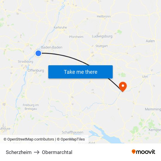 Scherzheim to Obermarchtal map