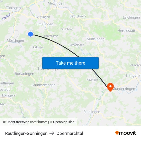 Reutlingen-Gönningen to Obermarchtal map