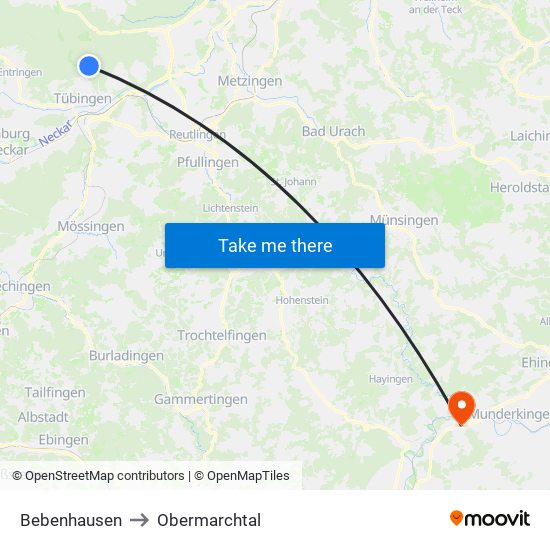 Bebenhausen to Obermarchtal map