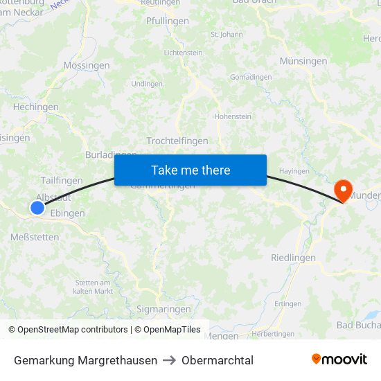 Gemarkung Margrethausen to Obermarchtal map