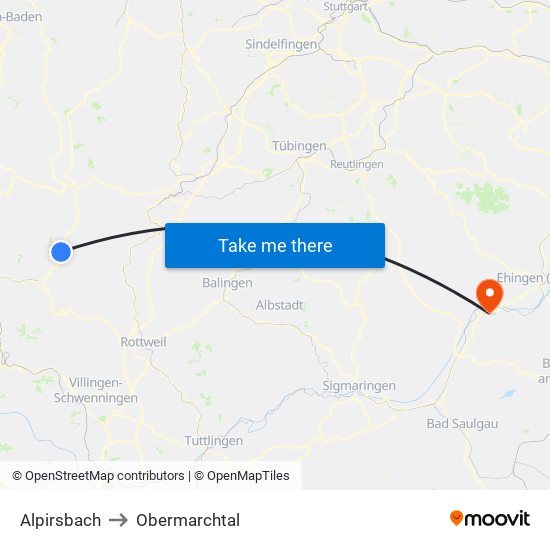 Alpirsbach to Obermarchtal map