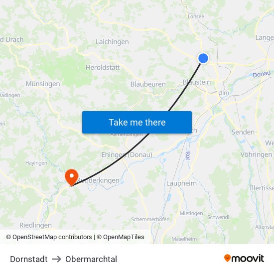 Dornstadt to Obermarchtal map