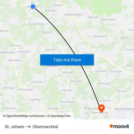 St. Johann to Obermarchtal map