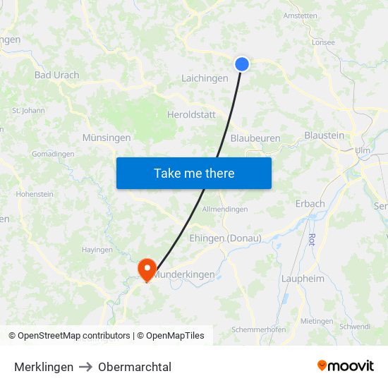Merklingen to Obermarchtal map