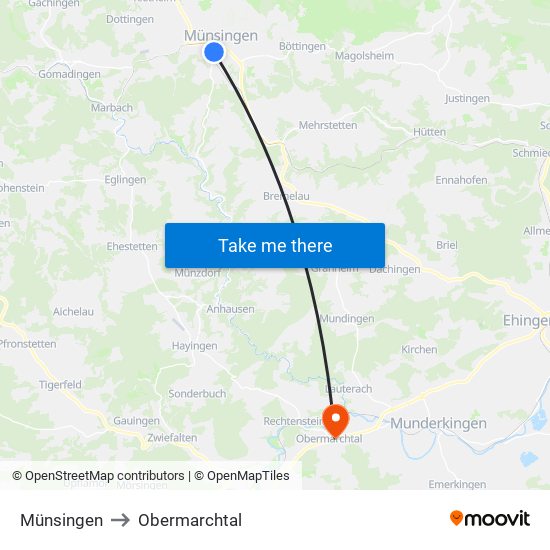 Münsingen to Obermarchtal map