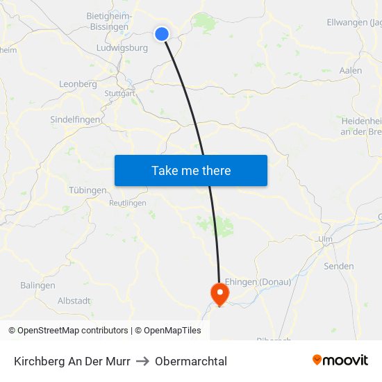 Kirchberg An Der Murr to Obermarchtal map