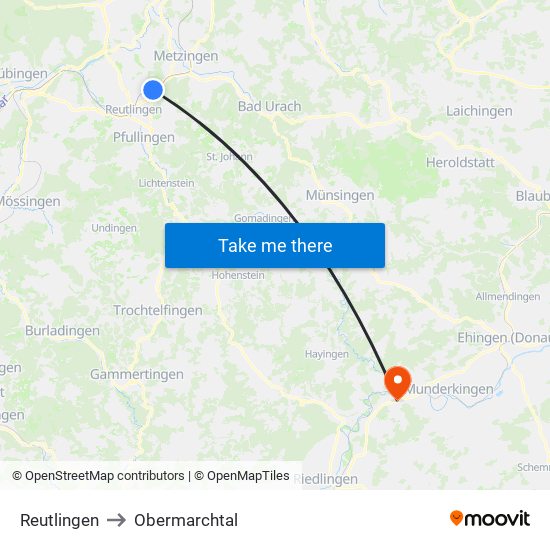 Reutlingen to Obermarchtal map