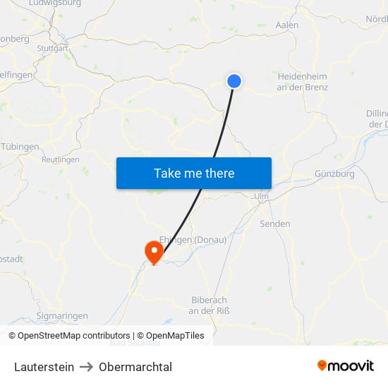 Lauterstein to Obermarchtal map