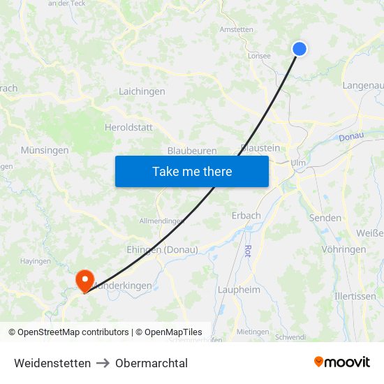 Weidenstetten to Obermarchtal map