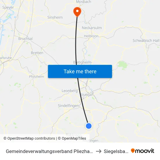 Gemeindeverwaltungsverband Pliezhausen to Siegelsbach map