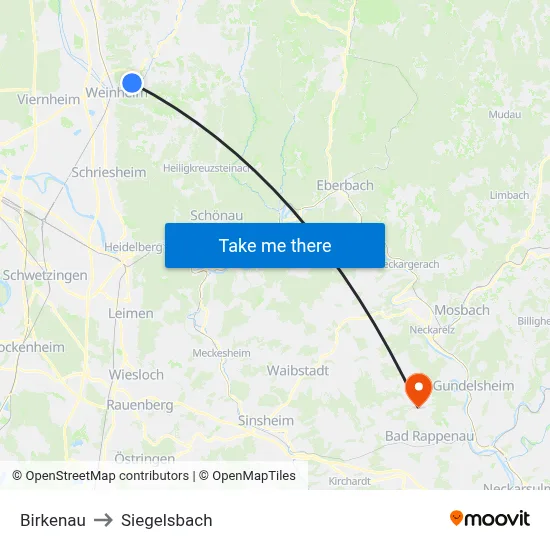 Birkenau to Siegelsbach map