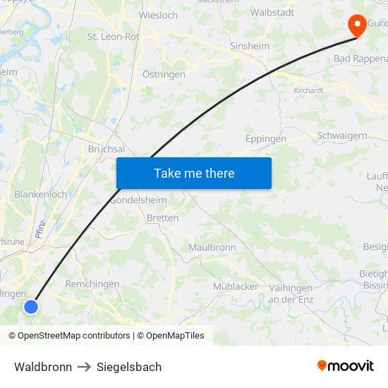 Waldbronn to Siegelsbach map