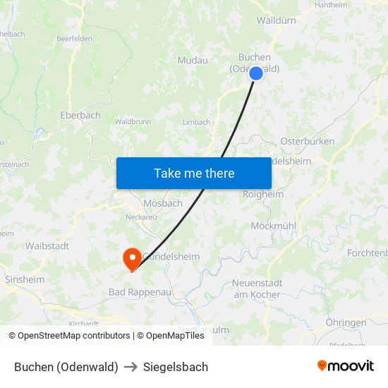 Buchen (Odenwald) to Siegelsbach map