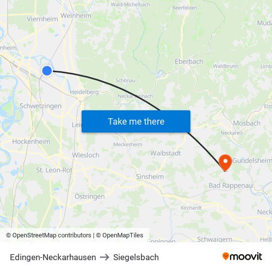 Edingen-Neckarhausen to Siegelsbach map