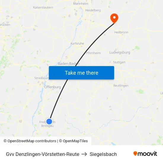Gvv Denzlingen-Vörstetten-Reute to Siegelsbach map