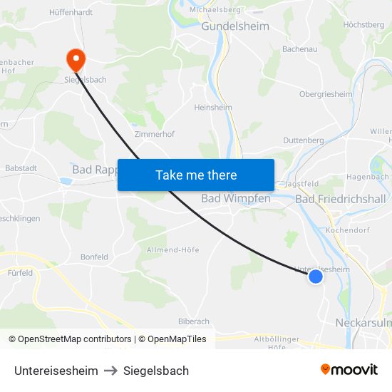 Untereisesheim to Siegelsbach map