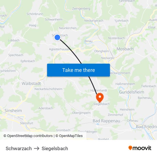 Schwarzach to Siegelsbach map