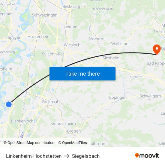 Linkenheim-Hochstetten to Siegelsbach map