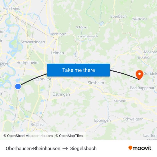 Oberhausen-Rheinhausen to Siegelsbach map