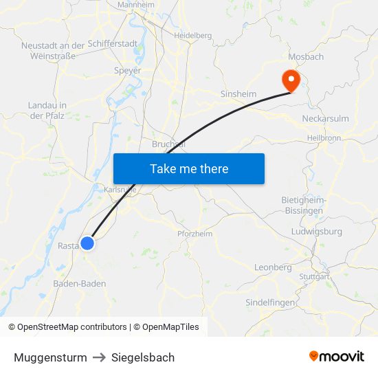 Muggensturm to Siegelsbach map