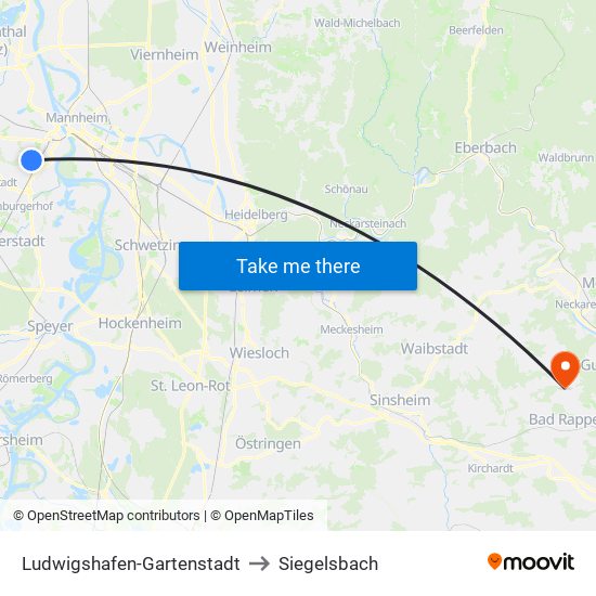 Ludwigshafen-Gartenstadt to Siegelsbach map