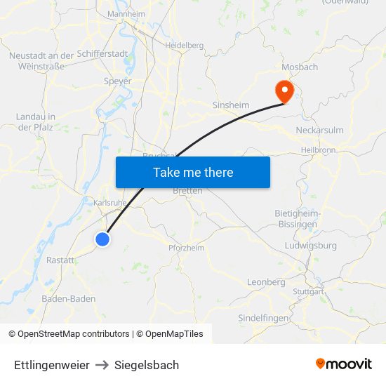 Ettlingenweier to Siegelsbach map