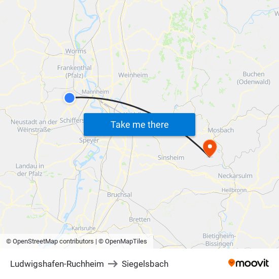 Ludwigshafen-Ruchheim to Siegelsbach map