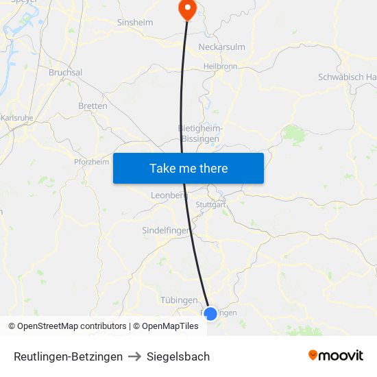 Reutlingen-Betzingen to Siegelsbach map