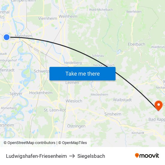 Ludwigshafen-Friesenheim to Siegelsbach map