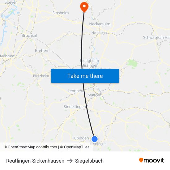 Reutlingen-Sickenhausen to Siegelsbach map