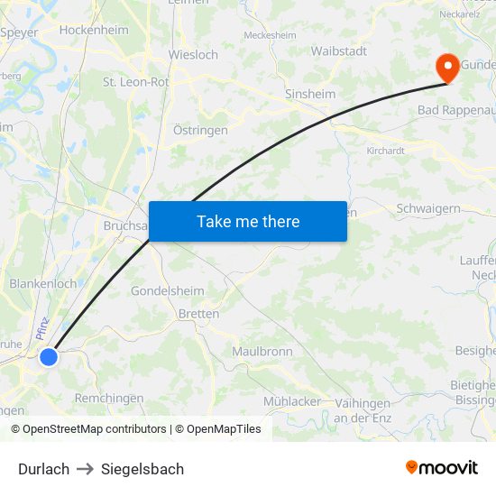 Durlach to Siegelsbach map